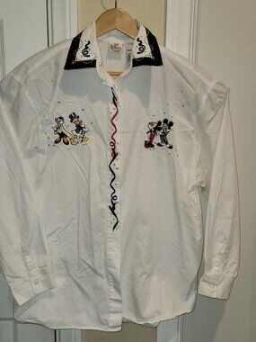 Vintage The Disney Store Mickey Minnie Donald Daisy Cowboy Embroidered Shirt L